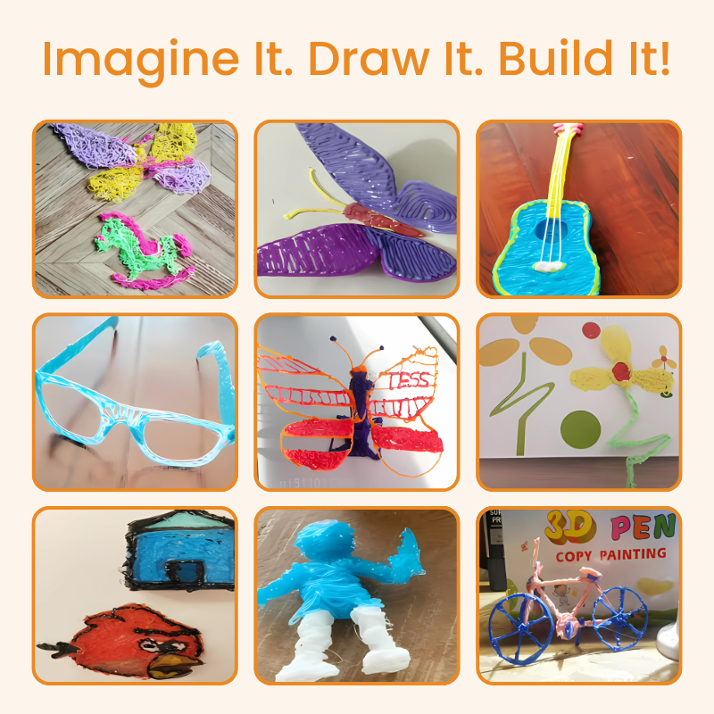 Collage of 3D printed objects with text 'Imagine It. Draw It. Build It!'