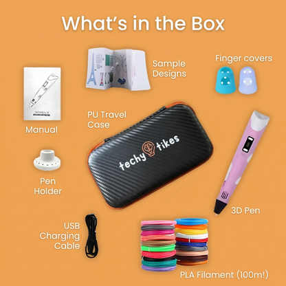 List of items included in the Techy Tikes' 3D pen for kids kit, on an orange background