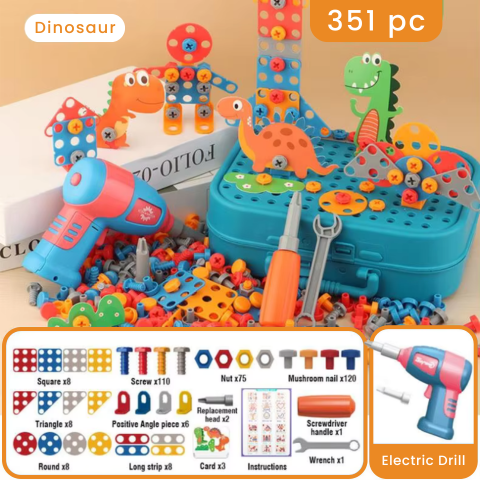 Kids Tool Set with Electric Drill – Builders Toolbox, Screws and Tools Dinosaur 211 pc