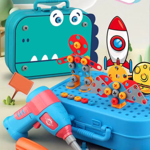 Kids Tool Set with Electric Drill – Builders Toolbox, Screws and Tools In Use