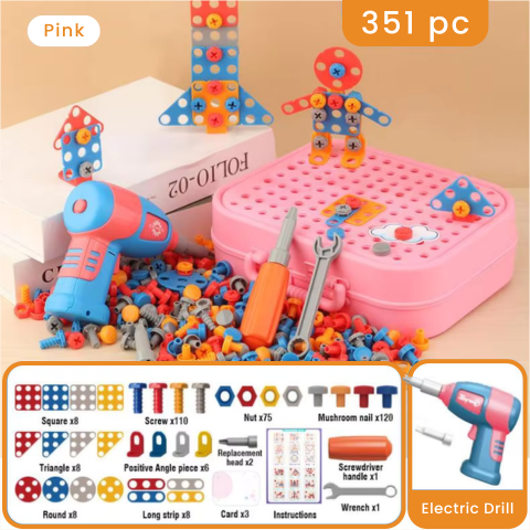 Kids Tool Set with Electric Drill – Builders Toolbox, Screws and Tools Pink 211 pc