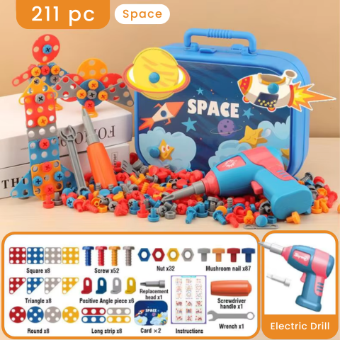 Kids Tool Set with Electric Drill – Builders Toolbox, Screws and Tools Space 351 pc