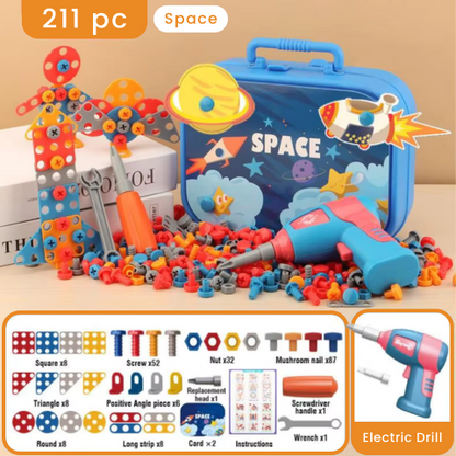 Kids Tool Set with Electric Drill – Builders Toolbox, Screws and Tools Space 351 pc