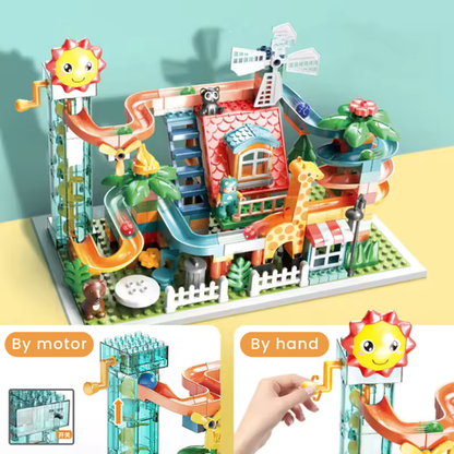 Duplo-Compatible Mechanical Marble Run Toy Set with Electric Ball Lift Ball Lift Operation